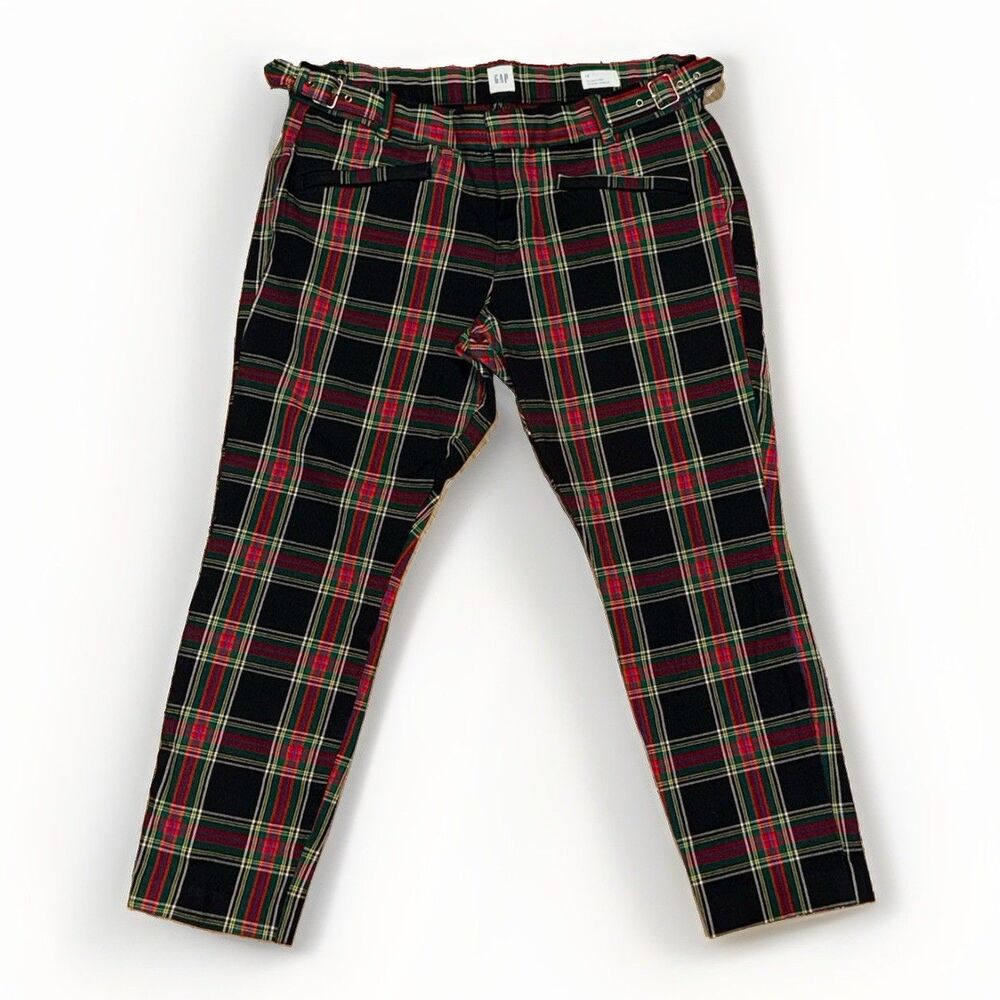 Gap Signature Skinny Ankle Pants 14 Tartan Plaid Red Green Black Buckle Holiday